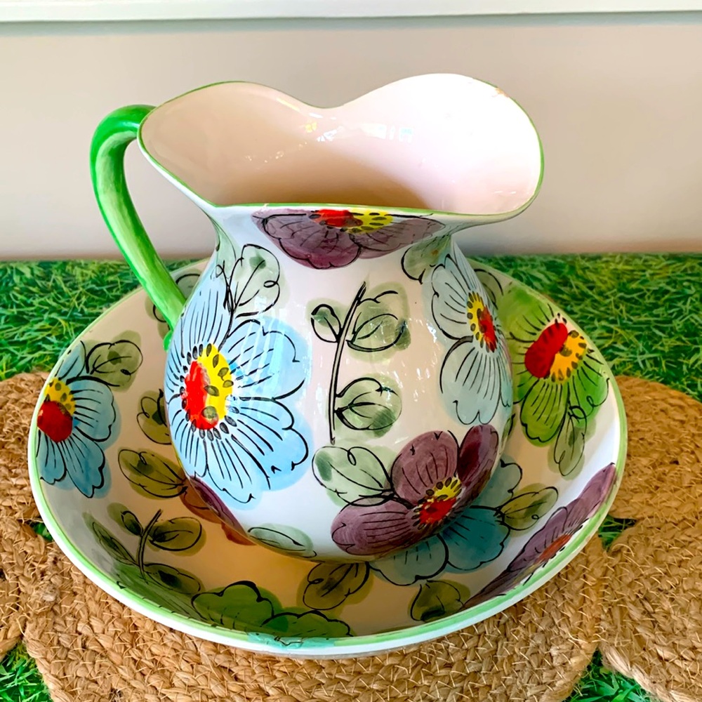 Vintage Floral painted pitcher and basin set, made in Japan